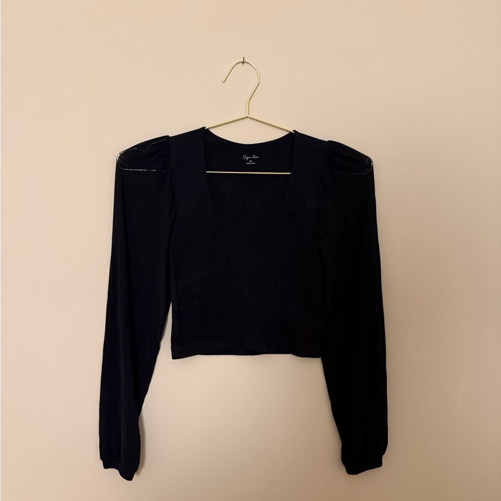 Black scoop neck top with sheer sleeves